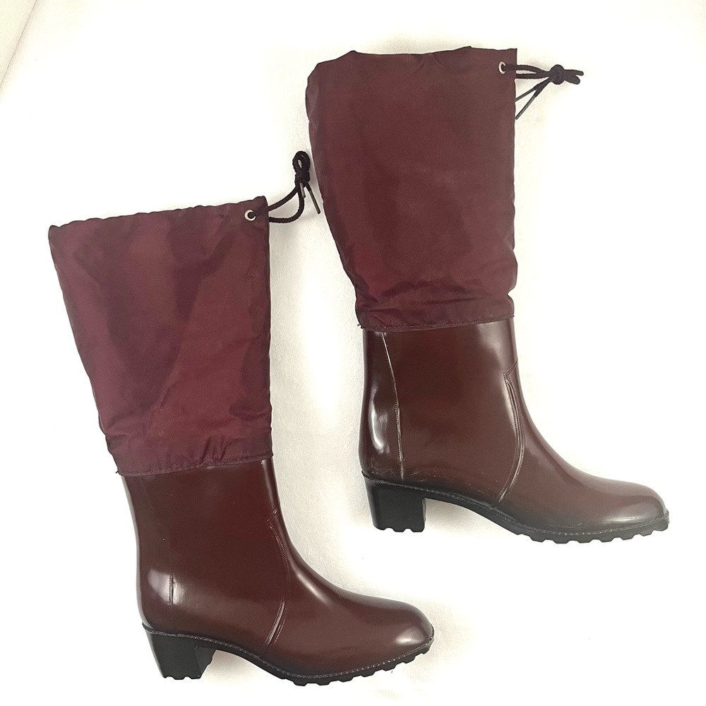 Vintage Maroon Wool Line Drawstring Knee High Block Heel Winter Rain Boot Size 9